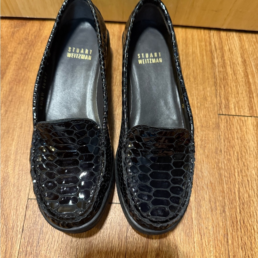 Stuart Weitzman Glossy Black Croc-Embossed Loafers